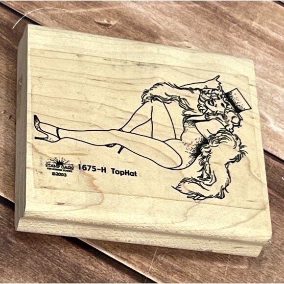 VERY RARE 2003 STAMP OASIS 1675-H TOP HAT WOOD MOUNT RUBBER STAMP BOA SHOW GIRL - Picture 1 of 5